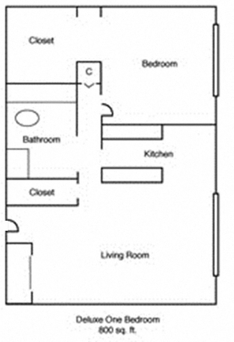 Floor plan for 1 bed, 1 bath, 800 sqft